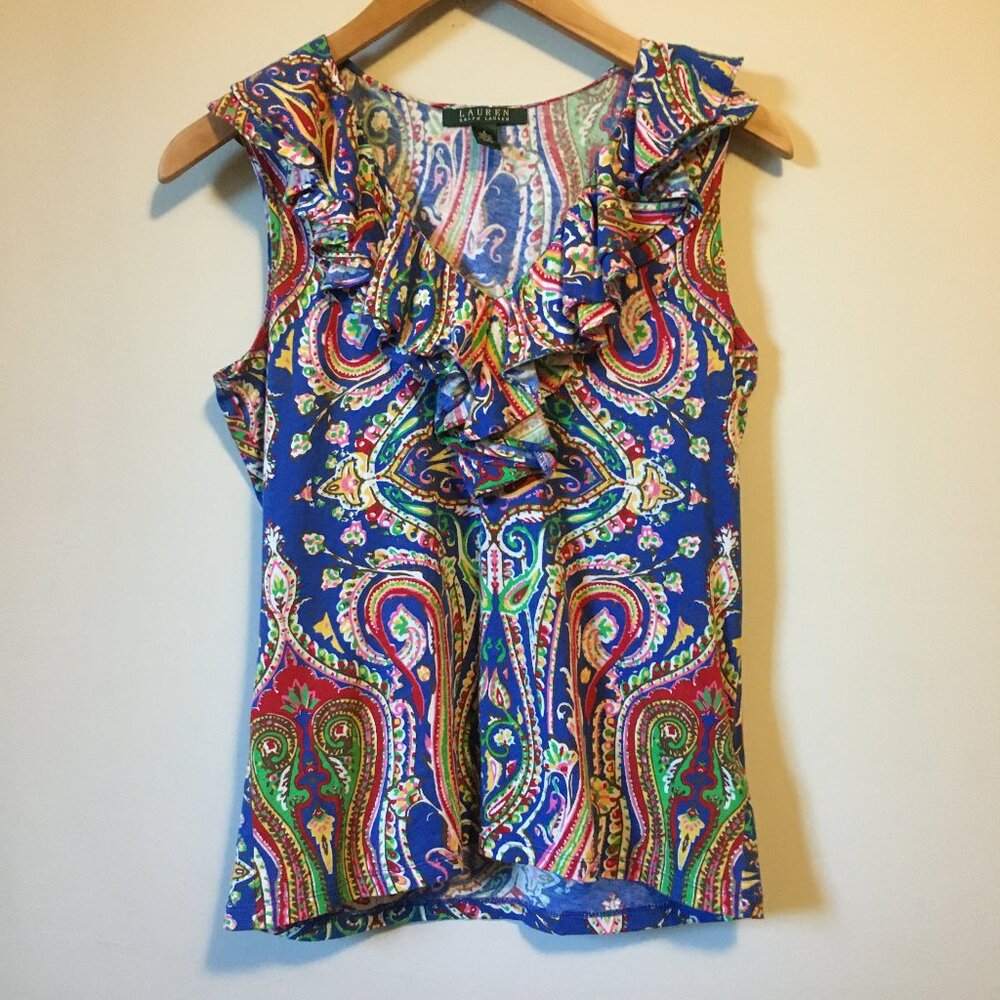Lauren Ralph Lauren Multicolor Paisley 100% Cotton Ruffle Sleeveless Top Small